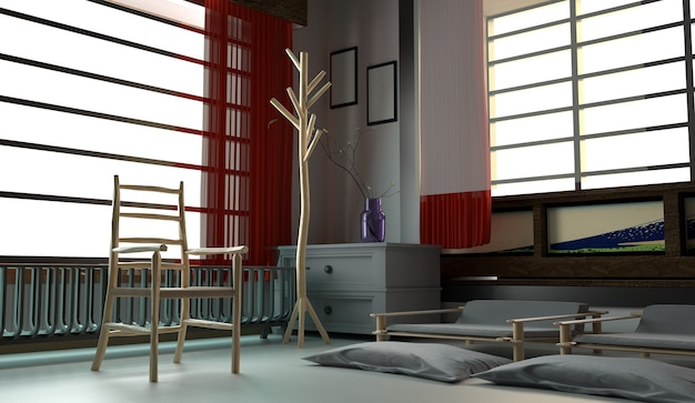 Diseño interior moderno de la habitación - estilo japonés. Representación 3D