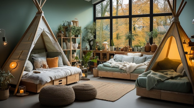 diseño interior moderno de una habitación con muebles de madera, una gran ventana y una gran casa de madera