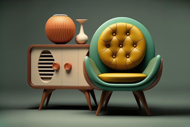 Diseño interior moderno de mediados de siglo Concepto de muebles con estilo IA generativa