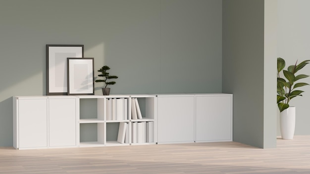 Diseño interior moderno y minimalista de la sala de estar con un gabinete bajo blanco mínimo y una pared verde mínima