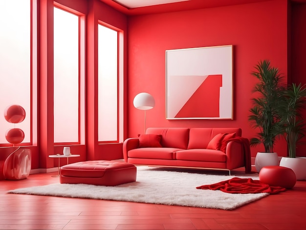 Diseño interior moderno rojo con marco en blanco vacío Ilustración generativa de IA