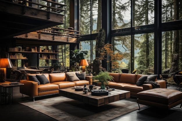 Diseño interior moderno de la sala de estar de una casa loft de mediados de siglo enclavada en un bosque.