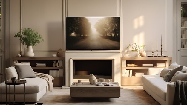 Diseño interior moderno de la sala de estar con chimenea