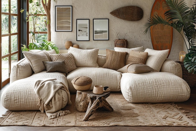 Diseño interior moderno de la sala de estar costera con colores y texturas neutrales