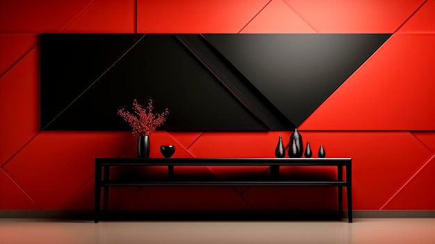 Diseño interior moderno de la sala de estar con decoración negra pared negra y roja