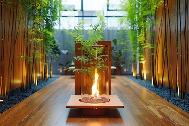 Diseño interior moderno de la sala de estar con elementos naturales y decoración de la chimenea