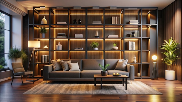 Diseño interior moderno de la sala de estar con una gran estantería de madera, sofá gris e iluminación cálida