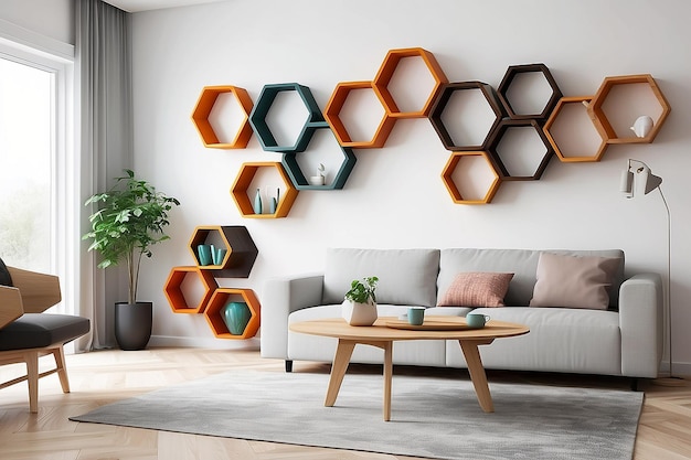 Diseño interior moderno de sala de estar con muebles de madera y estantes hexagonales en pared de madera blanca