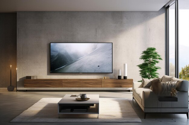 Diseño interior moderno de la sala de estar con una pantalla de TV montada en una pared de hormigón