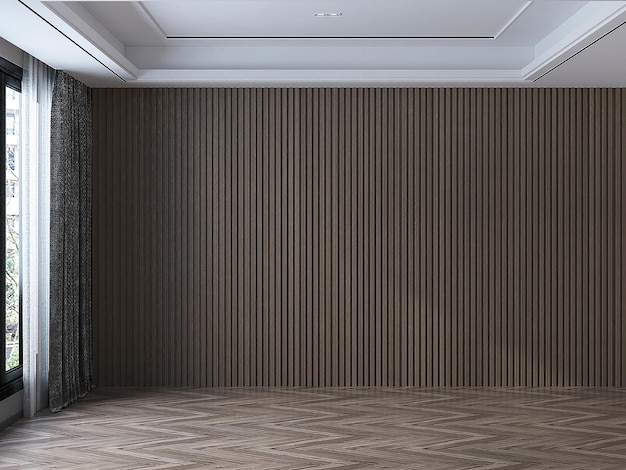 Diseño interior moderno de la sala de estar y pared de madera y piso de madera
