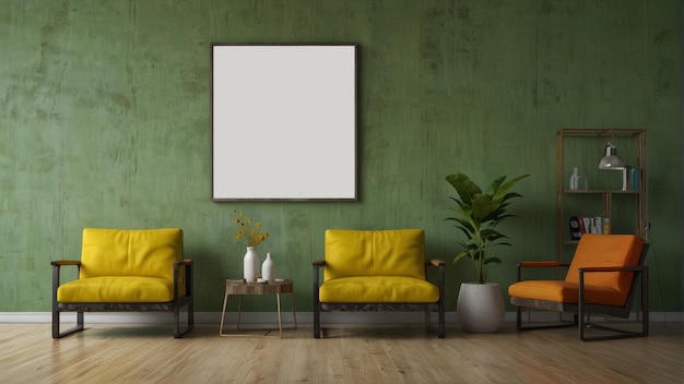 Diseño interior moderno de la sala de estar con sillas y marco de cartel en blanco en la pared de color verde cal