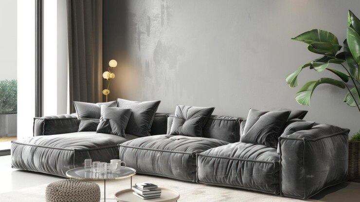 Diseño interior moderno de la sala de estar con sofá gris y planta verde