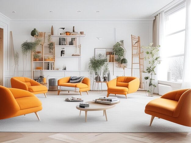 diseño interior moderno de sala de estar con sofá naranja, suelo de madera y mesa de centro, renderizado en 3 d