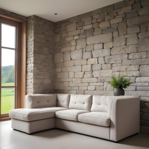 Foto diseño interior moderno de la sala de estar con sofá y pared de piedra
