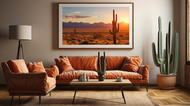 Diseño interior moderno de salón con sofá y cactus.