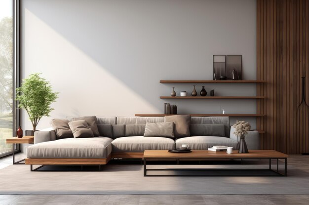 Diseño interior moderno de salón con sofá gris.