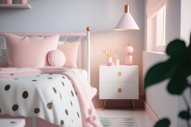 Diseño interior moderno y sencillo para dormitorio de niña en color rosa pastel