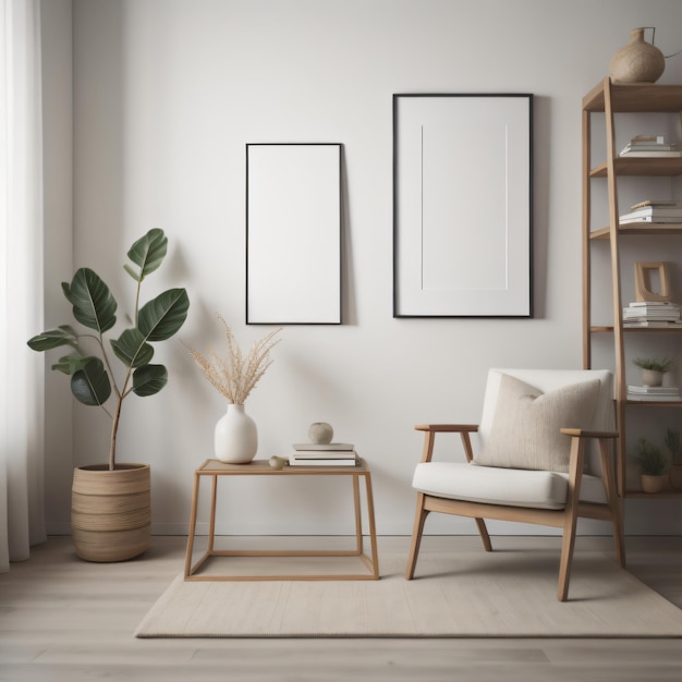 Diseño interior moderno con silla de madera y jarrón con marcos verticales en una pared blanca vacía en el salón