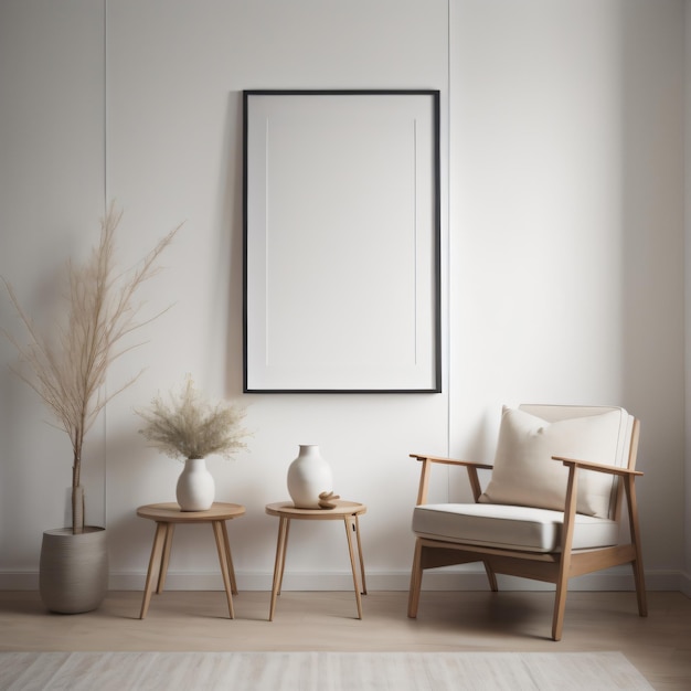 Diseño interior moderno con silla de madera y jarrón con marcos verticales en una pared blanca vacía en el salón