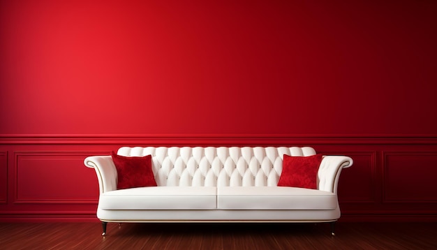 Diseño interior de un moderno sofá blanco sobre fondo de pared roja