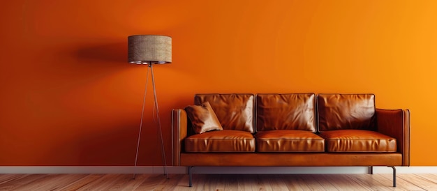 Diseño interior moderno con sofá de cuero marrón y lámpara en pared naranja