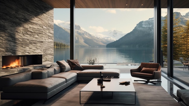 diseño interior moderno con vistas a la montaña y al lago