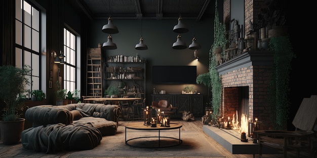 Diseño interior negro de sala de estar de lujo con chimenea