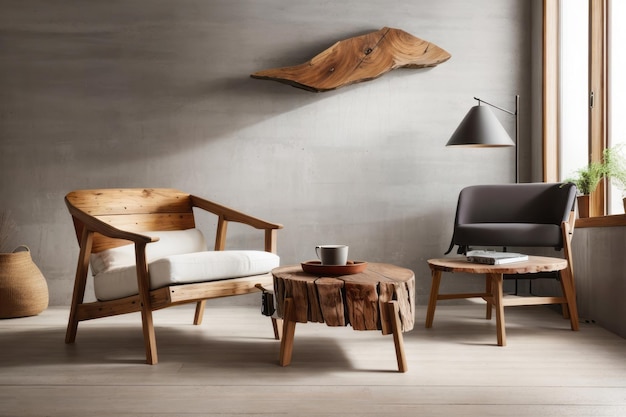 Diseño interior nómada de la sala de estar con silla de madera y mesa de borde de madera de granero