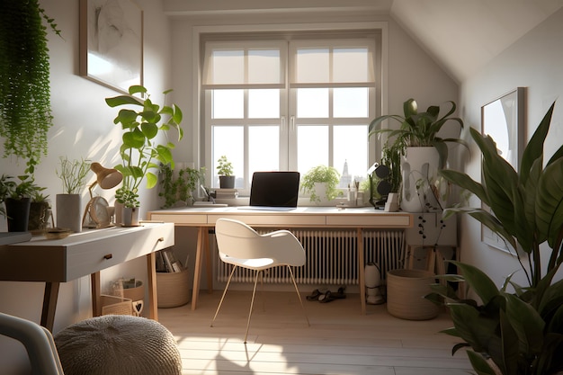 Diseño interior de oficina en casa modernista con plantas de luz natural y muebles modernos para un producto