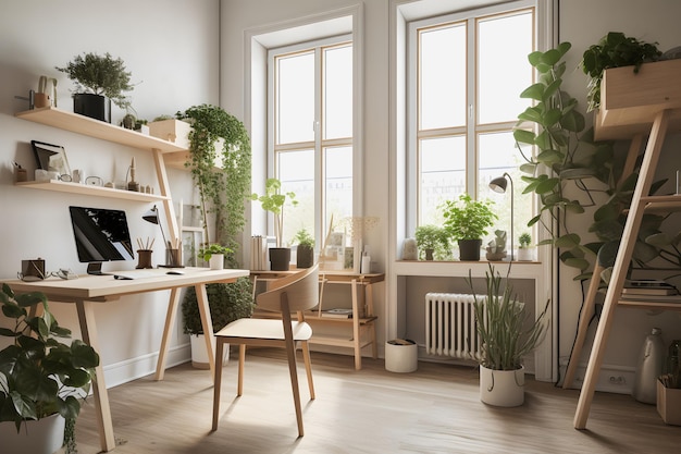 Diseño interior de oficina en casa modernista con plantas de luz natural y muebles modernos para un producto