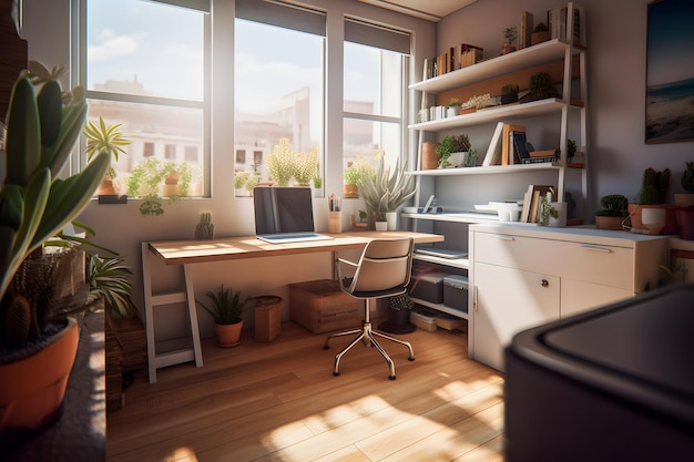 Diseño interior de oficina en casa modernista con plantas de luz natural y muebles modernos para un producto