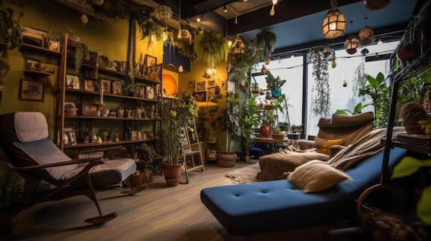 Diseño interior de oficina inspirador estilo bohemia Coworking con arquitectura de plantas colgantes IA generativa AIG 31