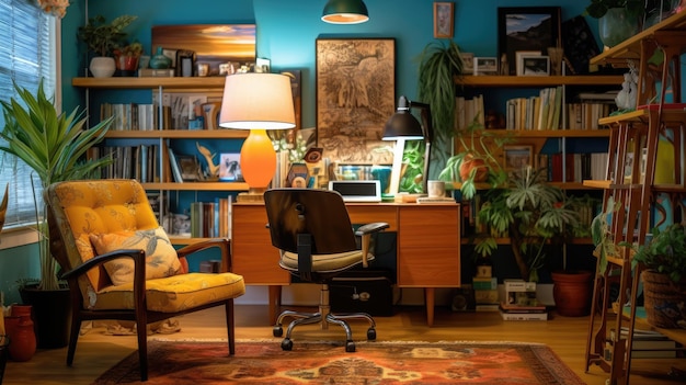 Foto diseño interior de oficina inspirador estilo ecléctico sala de estudio con arquitectura de mezcla de patrones ia generativa aig 31