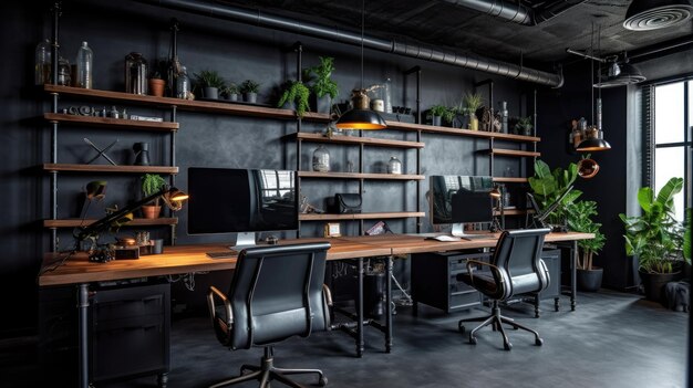 Diseño interior de oficina inspirador estilo industrial Oficina con arquitectura de tuberías expuestas IA generativa AIG 31