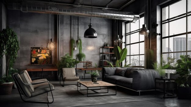 Foto diseño interior de oficina inspirador salón de estilo industrial con arquitectura de tuberías expuestas ia generativa aig 31