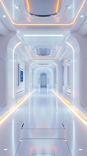 Diseño interior de pasillo futurista Arquitectura moderna con elementos blancos y ligeros