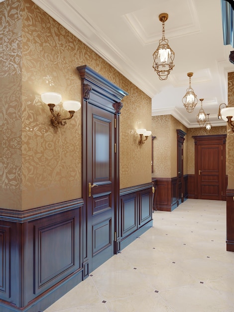 Diseño interior de un pasillo de salón clásico con puertas marrones de papel tapiz amarillo y paneles de madera