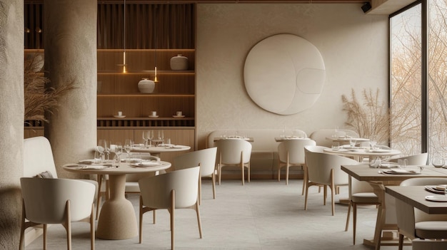 Diseño interior del restaurante en un estilo moderno en cálidos colores blanco pastel y beige concepto de lujo silencioso