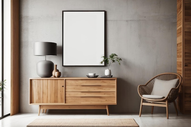 Diseño interior rústico de la sala de estar con armario de madera y marco de cartel en blanco