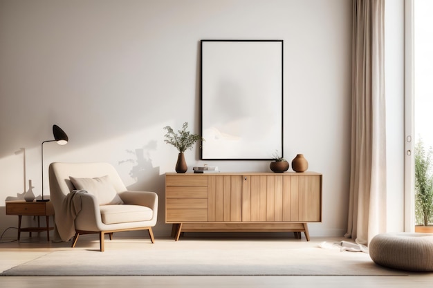 Diseño interior rústico de la sala de estar con armario de madera y marco de cartel en blanco