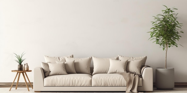 El Diseño Interior Rústico De Una Sala De Estar Moderna Presenta Un Sofá De Tela Beige Y Cojines Contra Una Pared Blanca Con Un Marco Y Espacio Para Texto.