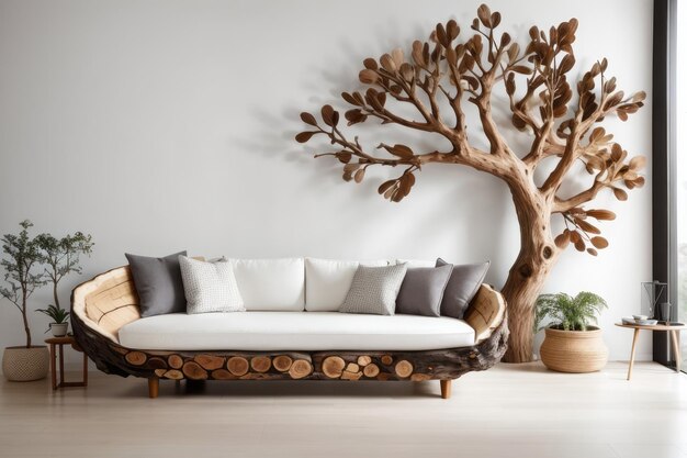 Diseño interior rústico de la sala de estar con un sofá y un árbol de tronco de árbol hechos a mano