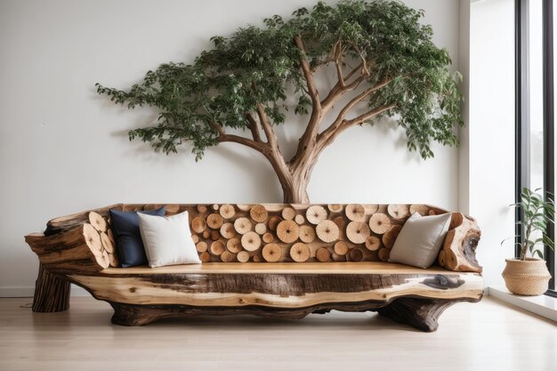 Diseño interior rústico de la sala de estar con un sofá y un árbol de tronco de árbol hechos a mano