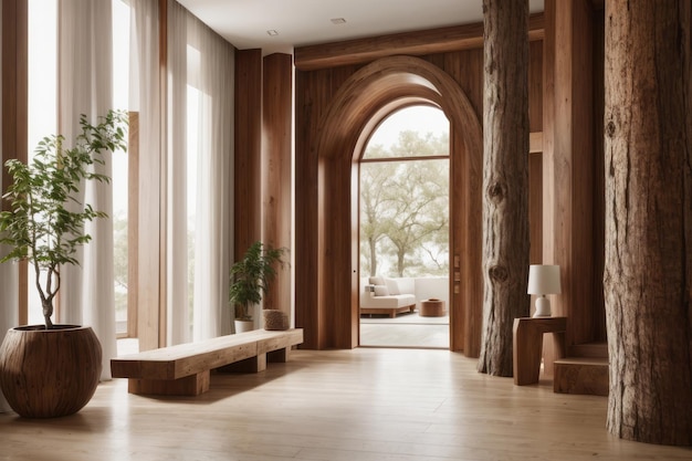 diseño interior rústico del vestíbulo de entrada con columnas de puertas y troncos de árboles