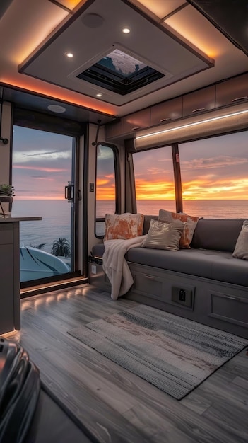 Un diseño interior de RV contemporáneo con accesorios sofisticados y un telón de fondo de puesta de sol que ofrece un retiro pacífico mientras está en la carretera