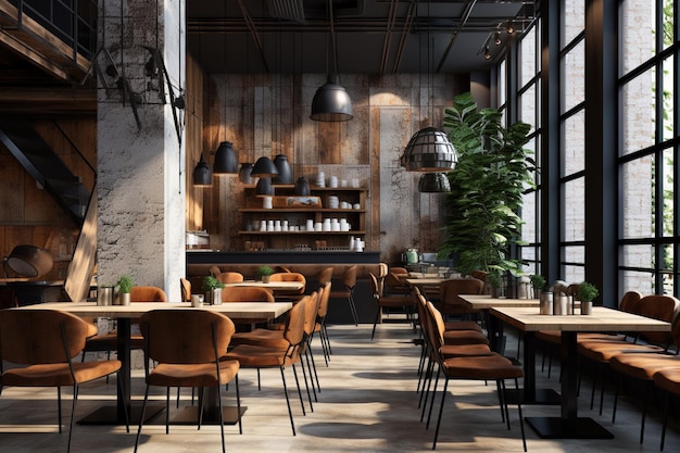 Diseño interior de sala de cafetería industrial moderna creado con IA generativa