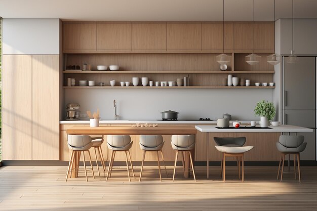 Diseño interior de sala de cocina estética moderna creado con IA generativa