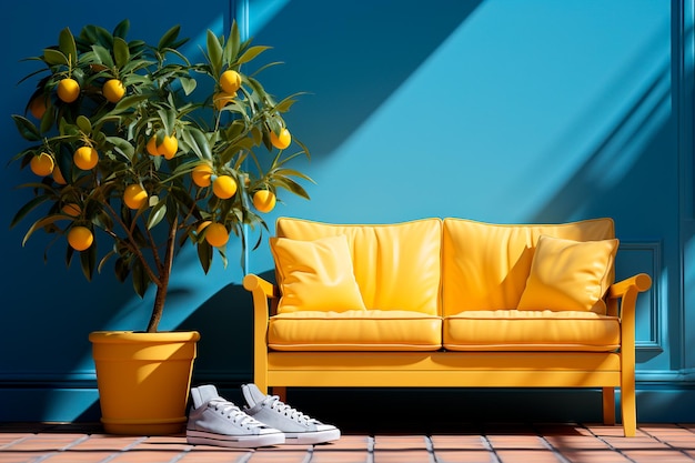 diseño interior de sala de estar amarilla y azul con flores y plantas de silla