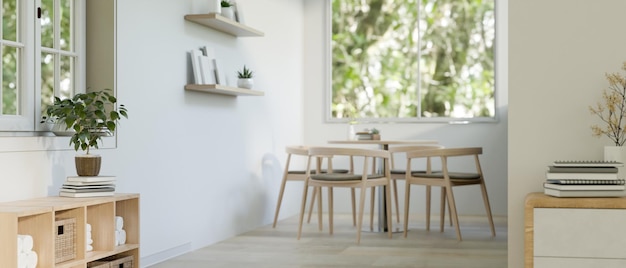 Diseño interior de sala de estar blanca escandinava mínima con mesa de comedor