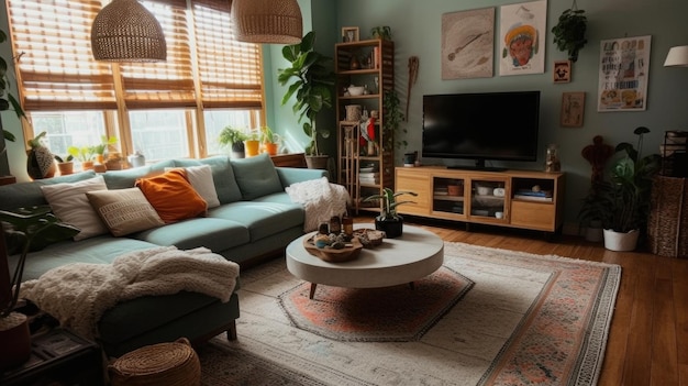 Un diseño interior de sala de estar bohemio moderno y elegante con colores de tono verde y naranja IA generativa AIG27